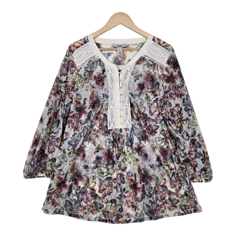 Vintage America Blues Top 2X Floral Lace Boho Romantic Sheer Blouse
